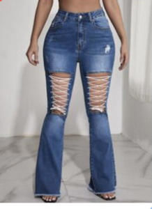 Shein Lace Up Corset Ripped Flare Cutout Jeans